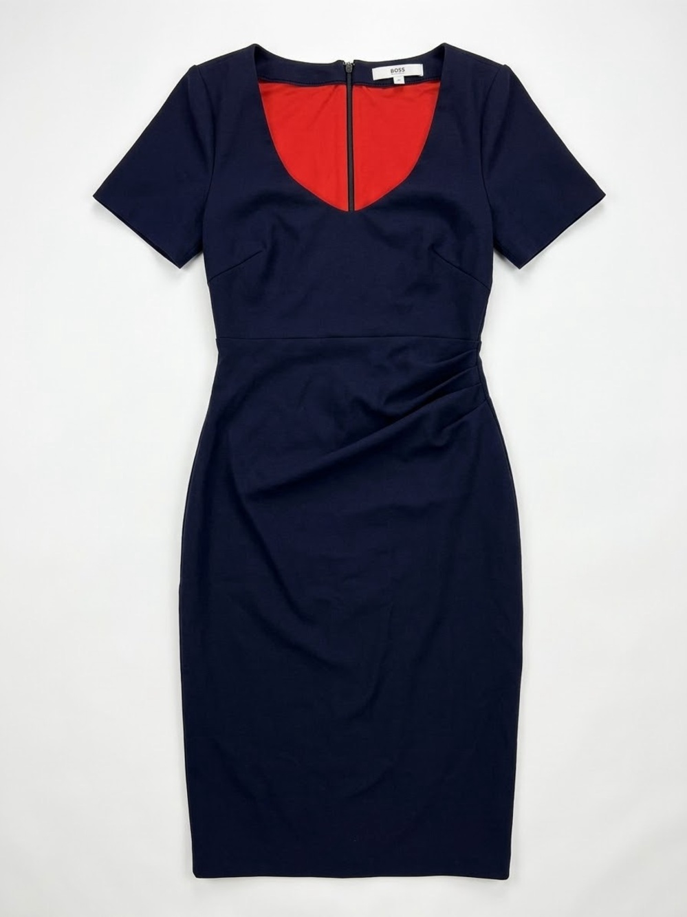 Boden Navy Midi Length Dress with Ruching and Back Zip